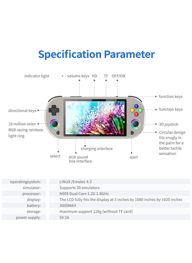 M22PRO 5-Inch Ultra HD 3D Arcade Console with RGB Racing Rainbow Light Effects, 64GB Memory, Supports PS1 Games & Gamepad（Grey）