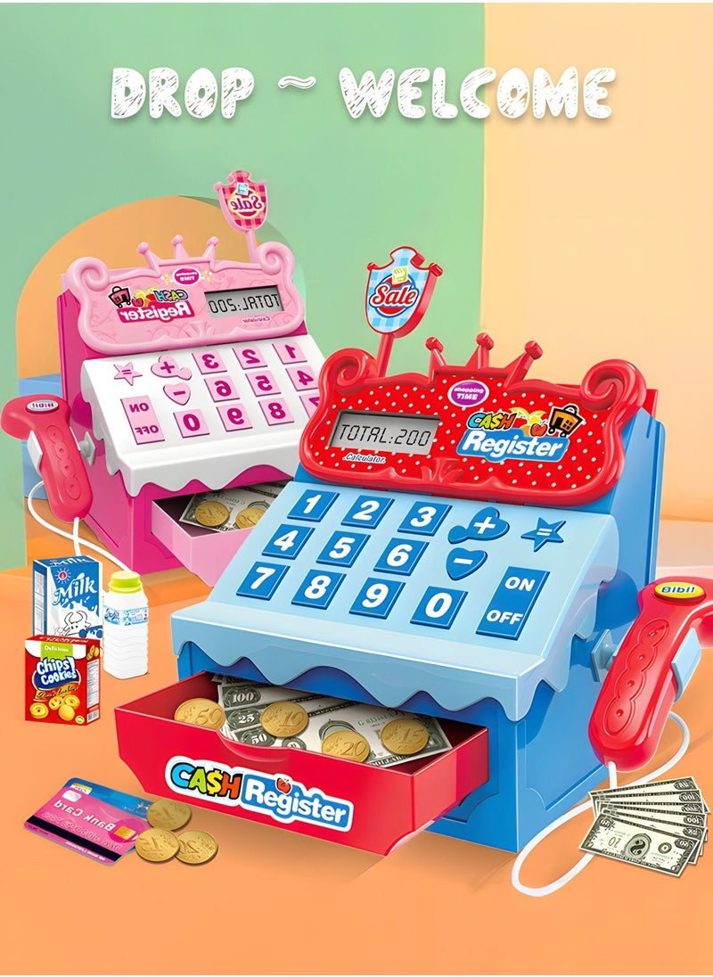 Pretend Play Calculator Cash Register Toy, Supermarket Shop Toys Cashier Registers with Scanner, Food, Credit Card,Develops Early Math Skills, for Kids,STEM Toy,Role-play