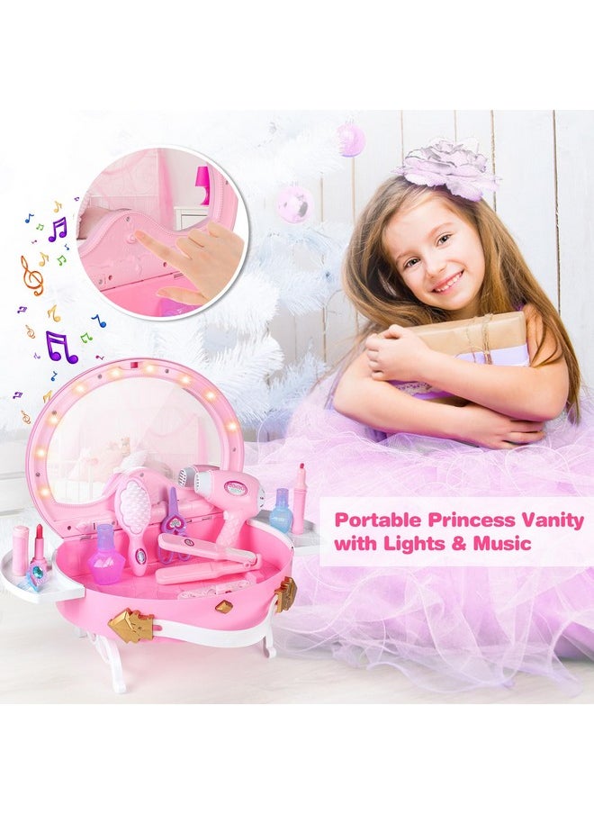 Toddler Vanity, Portable Kids Vanity Set With Mirror & Accessories, Little Girl Princess Vanity Toy With Lights And Music, Pretend Makeup For Toddlers 1-5