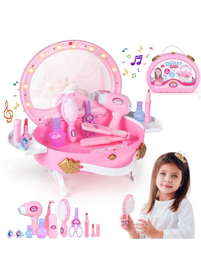 Toddler Vanity, Portable Kids Vanity Set With Mirror & Accessories, Little Girl Princess Vanity Toy With Lights And Music, Pretend Makeup For Toddlers 1-5