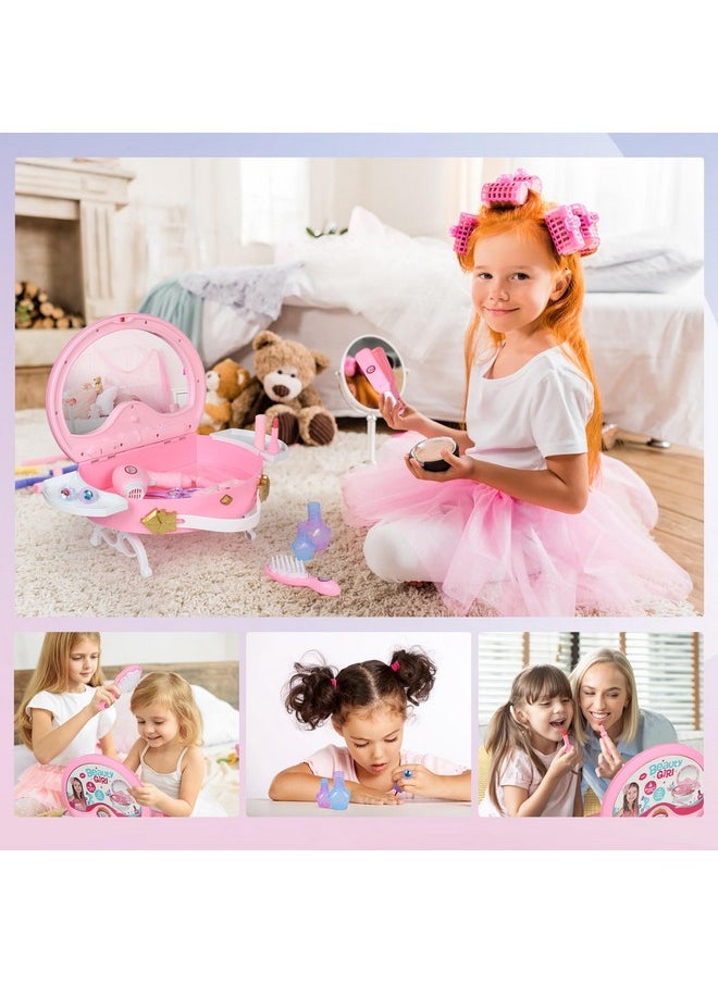 Toddler Vanity, Portable Kids Vanity Set With Mirror & Accessories, Little Girl Princess Vanity Toy With Lights And Music, Pretend Makeup For Toddlers 1-5