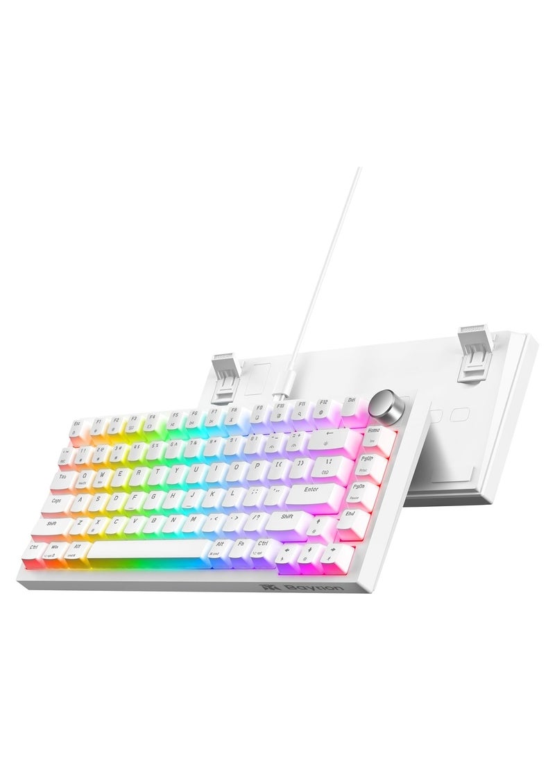 Baytion 75% Compact Mechanical Gaming Keyboard, 82 Keys with Rainbow LED Backlight, Wired Anti-Ghosting Keyboard with Knob, White (Red Switches)