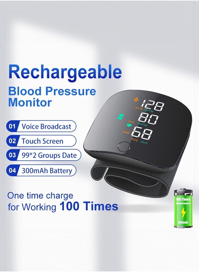 Wrist Blood Pressure Monitor Rechargeable Home Electronic Blood Pressure Monitor Fully Automatic Voice Broadcast Touch Screen Medical Blood Pressure Machine