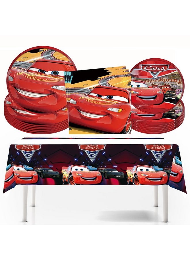 Cars Birthday Party Decorations Set,Car Lightning 20 Plates And Napkins.42X70 Inch Tablecloth, Red