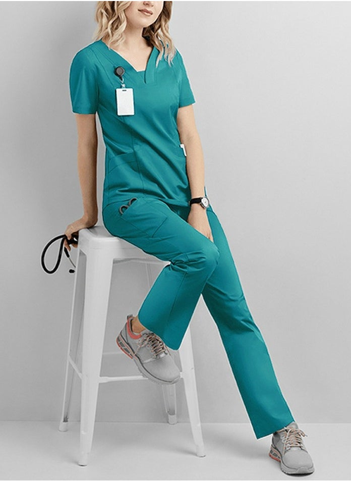 Solid Color Medical Uniform Scrubs 2 Piece Set V-Neck Top and Loose Pants  Set Lake Blue