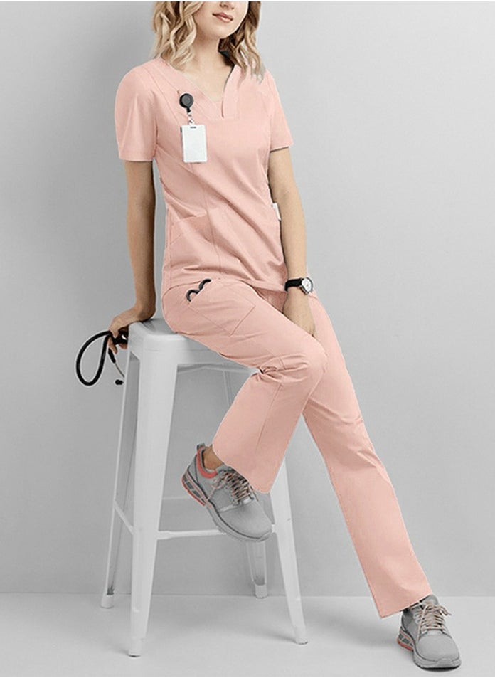 Solid Color Medical Uniform Scrubs 2 Piece Set V-Neck Top and Loose Pants  Set Pink