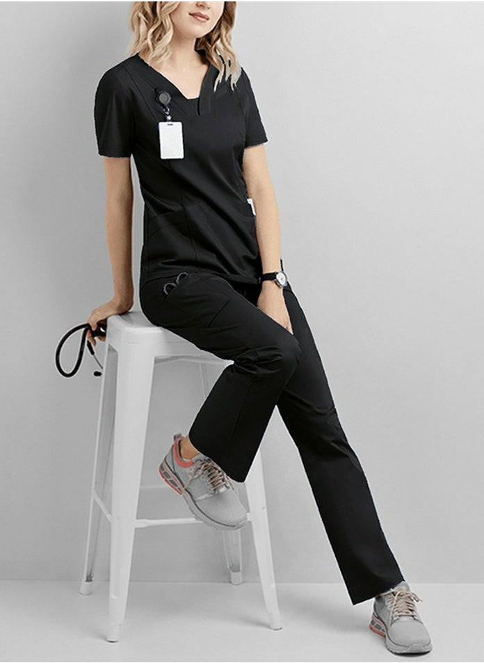 Solid Color Medical Uniform Scrubs 2 Piece Set V-Neck Top and Loose Pants  Set Black