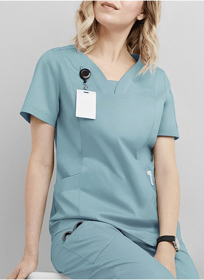 Solid Color Medical Uniform Scrubs 2 Piece Set V-Neck Top and Loose Pants  Set Light Blue