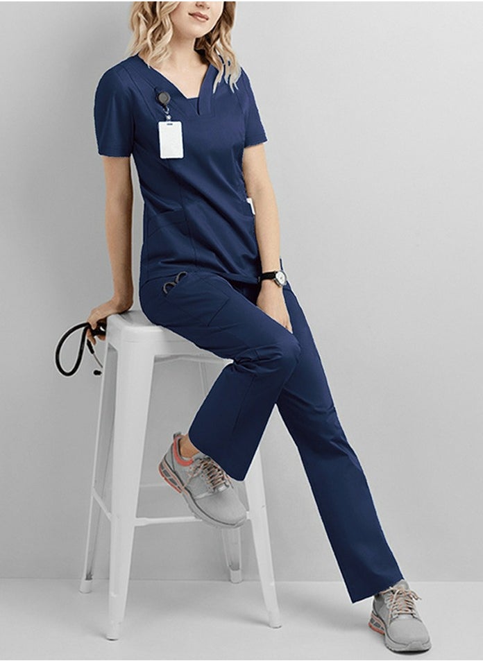 Solid Color Medical Uniform Scrubs 2 Piece Set V-Neck Top and Loose Pants  Set Navy Blue