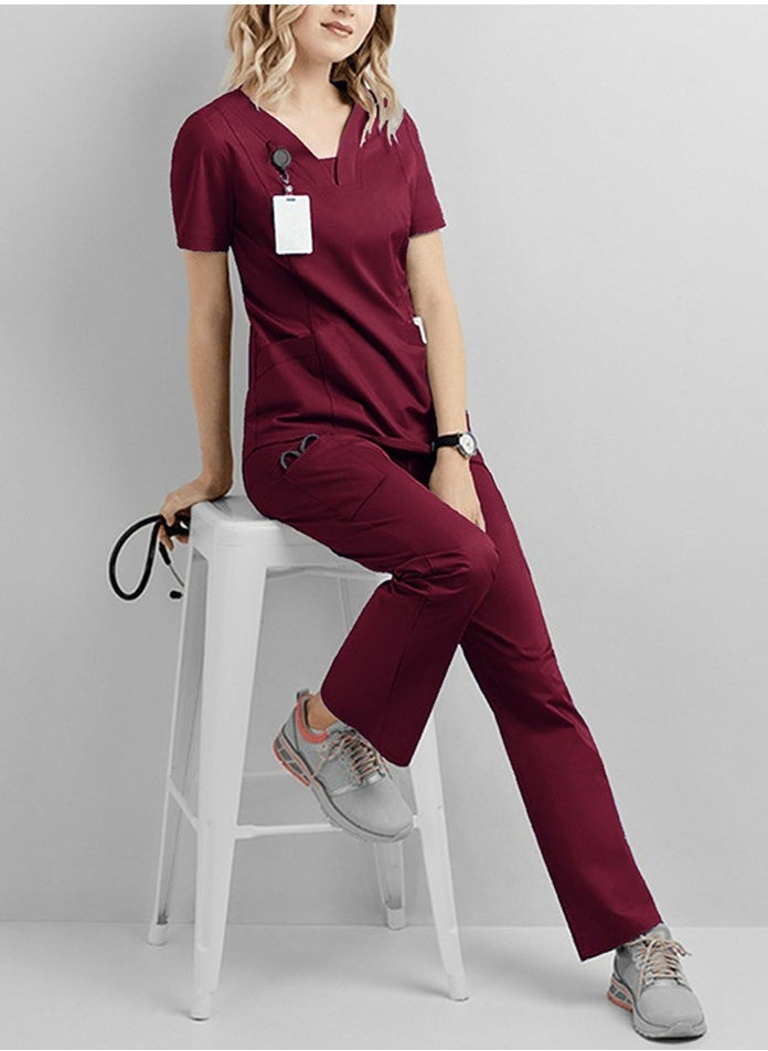 Solid Color Medical Uniform Scrubs 2 Piece Set V-Neck Top and Loose Pants  Set Wine Red