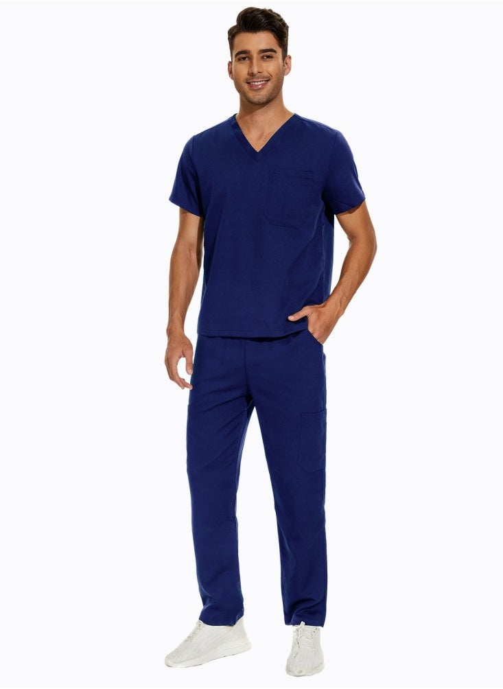 Medical Uniform Scrubs 2 Piece Set V-Neck Top and Elastic Waist Pants Suit Dark Blue