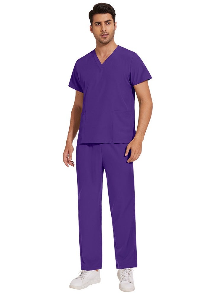 Unisex Medical Uniform Scrubs 2 Piece Set V-Neck Top and Elastic Waist Pants Suit Purple