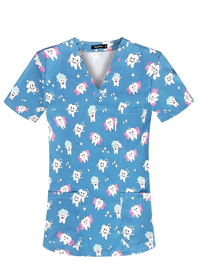 Unisex Printed V-Neck Medical Uniform Scrubs Top Comfty Soft Workwear
