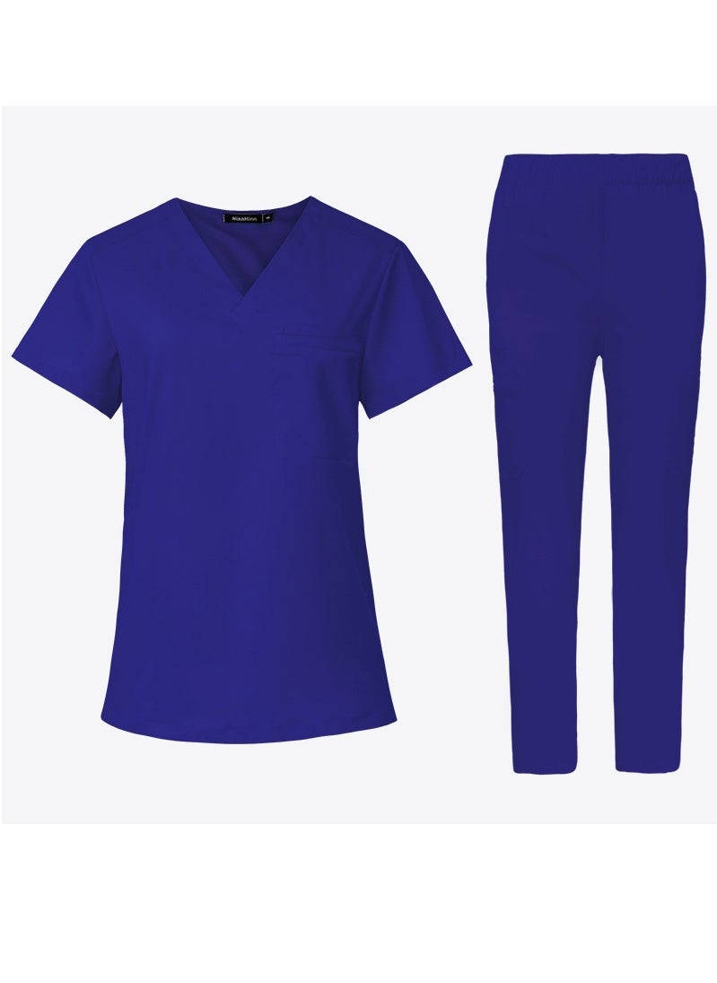 Medical Uniform Scrubs 2 Piece Set V-Neck Top and Elastic Waist Pants Suit Royal Blue