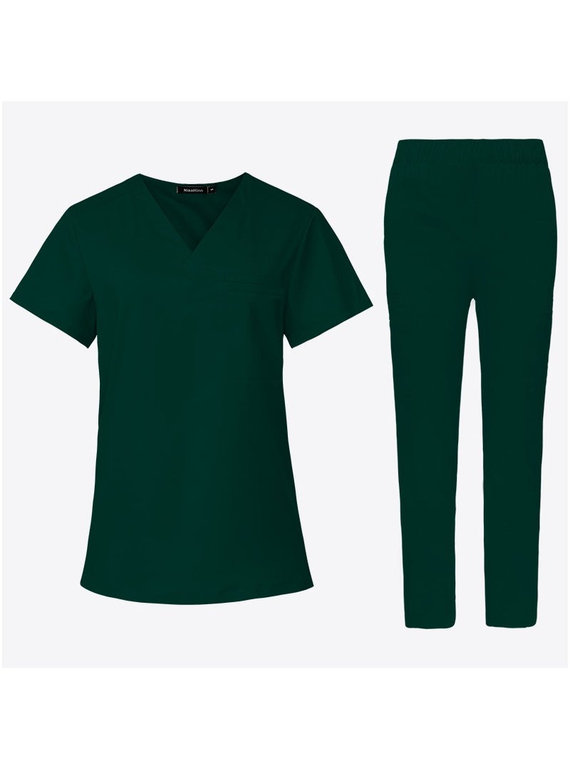 Medical Uniform Scrubs 2 Piece Set V-Neck Top and Elastic Waist Pants Suit Dark Green