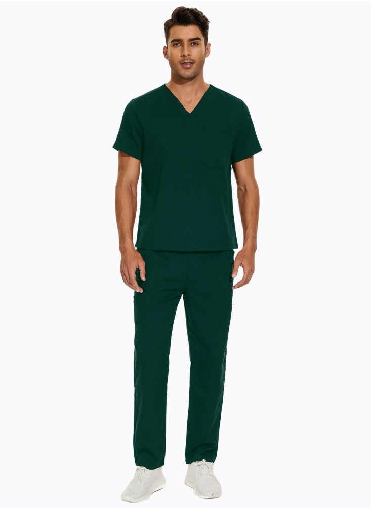 Medical Uniform Scrubs 2 Piece Set V-Neck Top and Elastic Waist Pants Suit Dark Green