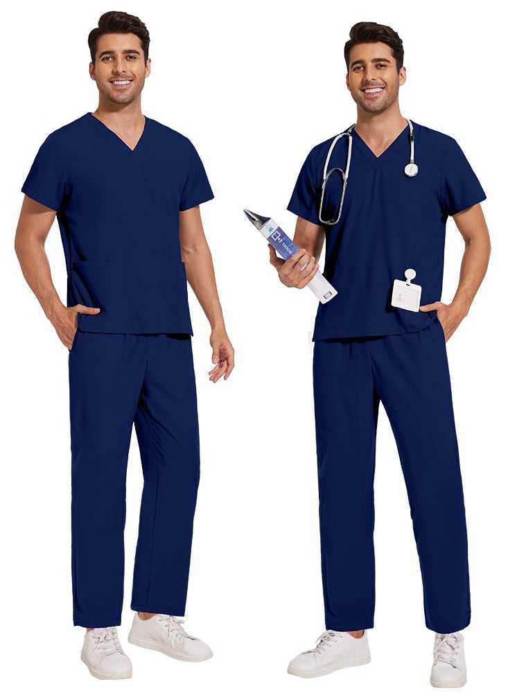 Unisex Medical Uniform Scrubs 2 Piece Set V-Neck Top and Elastic Waist Pants Suit Navy Blue