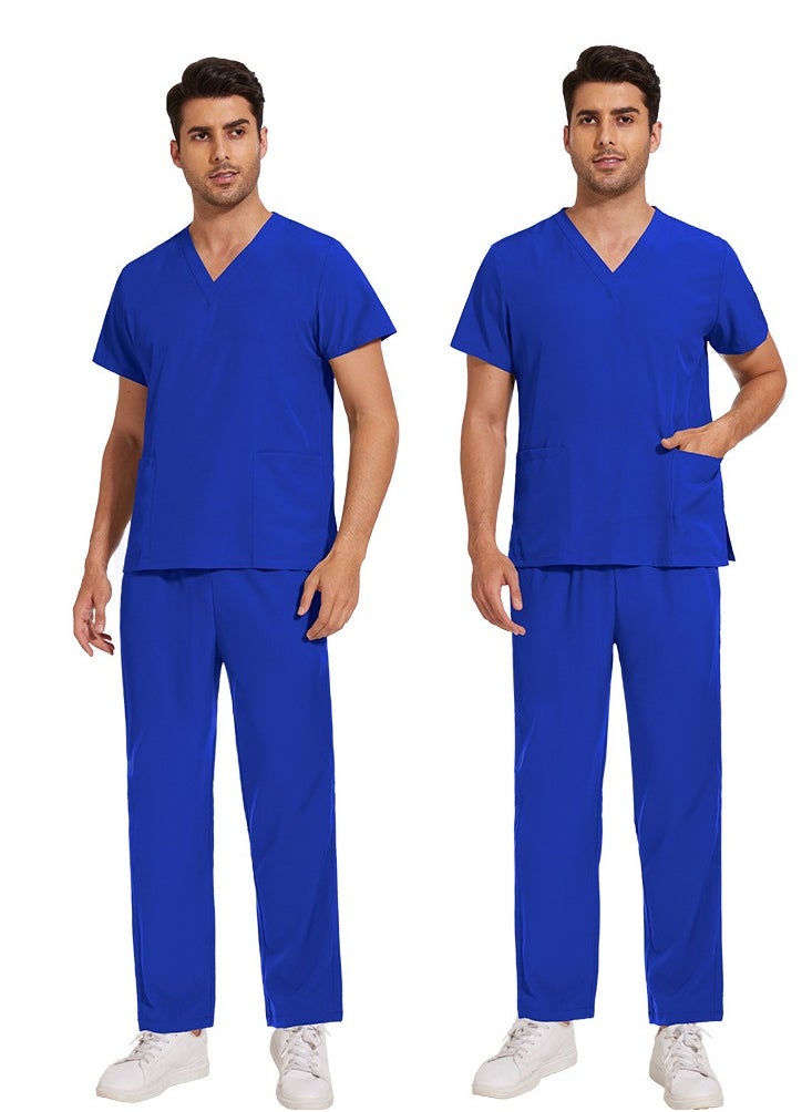 Unisex Medical Uniform Scrubs 2 Piece Set V-Neck Top and Elastic Waist Pants Suit Blue