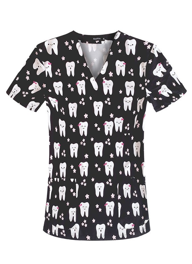 Unisex Printed V-Neck Medical Uniform Scrubs Top Comfty Soft Workwear