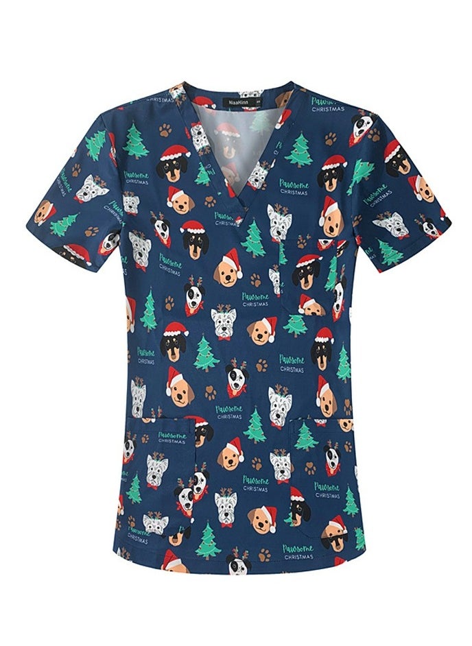 Unisex Printed V-Neck Medical Uniform Scrubs Top Comfty Soft Workwear