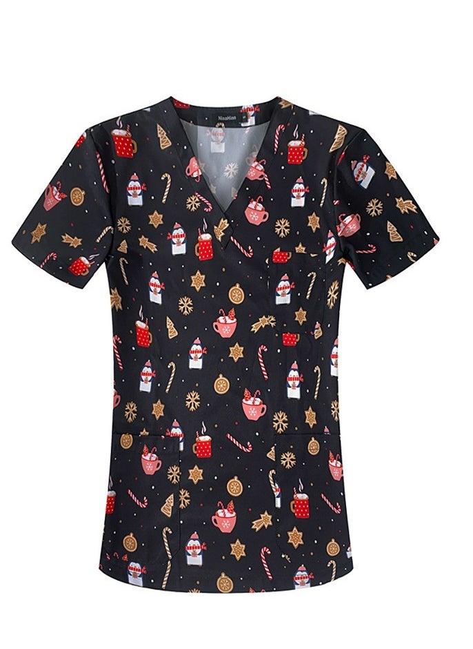 Unisex Printed V-Neck Medical Uniform Scrubs Top Comfty Soft Workwear