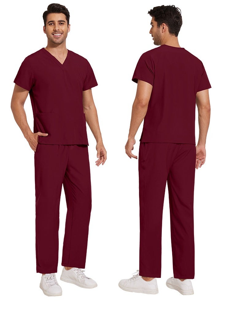 Unisex Medical Uniform Scrubs 2 Piece Set V-Neck Top and Elastic Waist Pants Suit Wine Red