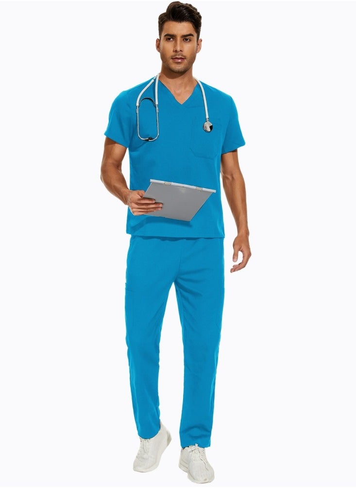 Medical Uniform Scrubs 2 Piece Set V-Neck Top and Elastic Waist Pants Suit Blue