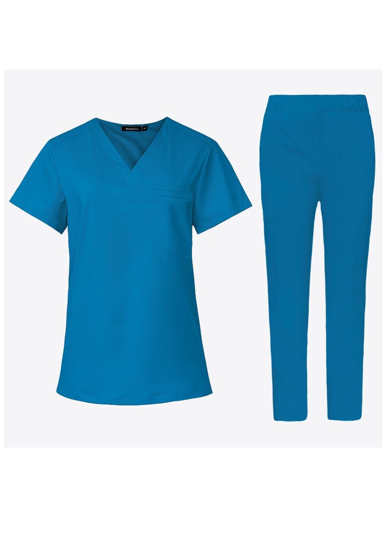 Medical Uniform Scrubs 2 Piece Set V-Neck Top and Elastic Waist Pants Suit Blue