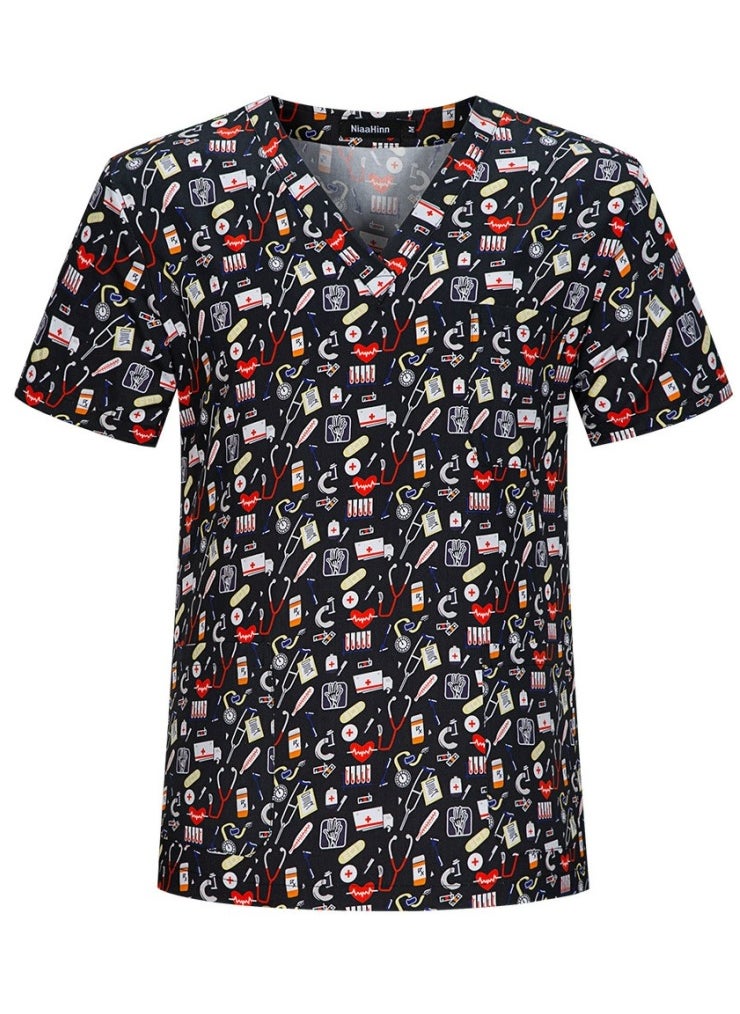 Cartoon Printed V-Neck Medical Uniform Scrubs Top Comfty Soft Workwear