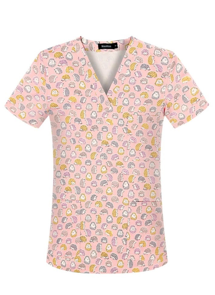 Cartoon Printed V-Neck Medical Uniform Scrubs Top Comfty Soft Workwear