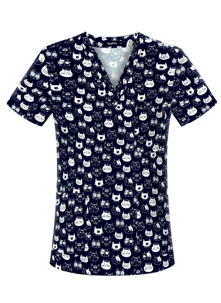 Cartoon Printed V-Neck Medical Uniform Scrubs Top Comfty Soft Workwear