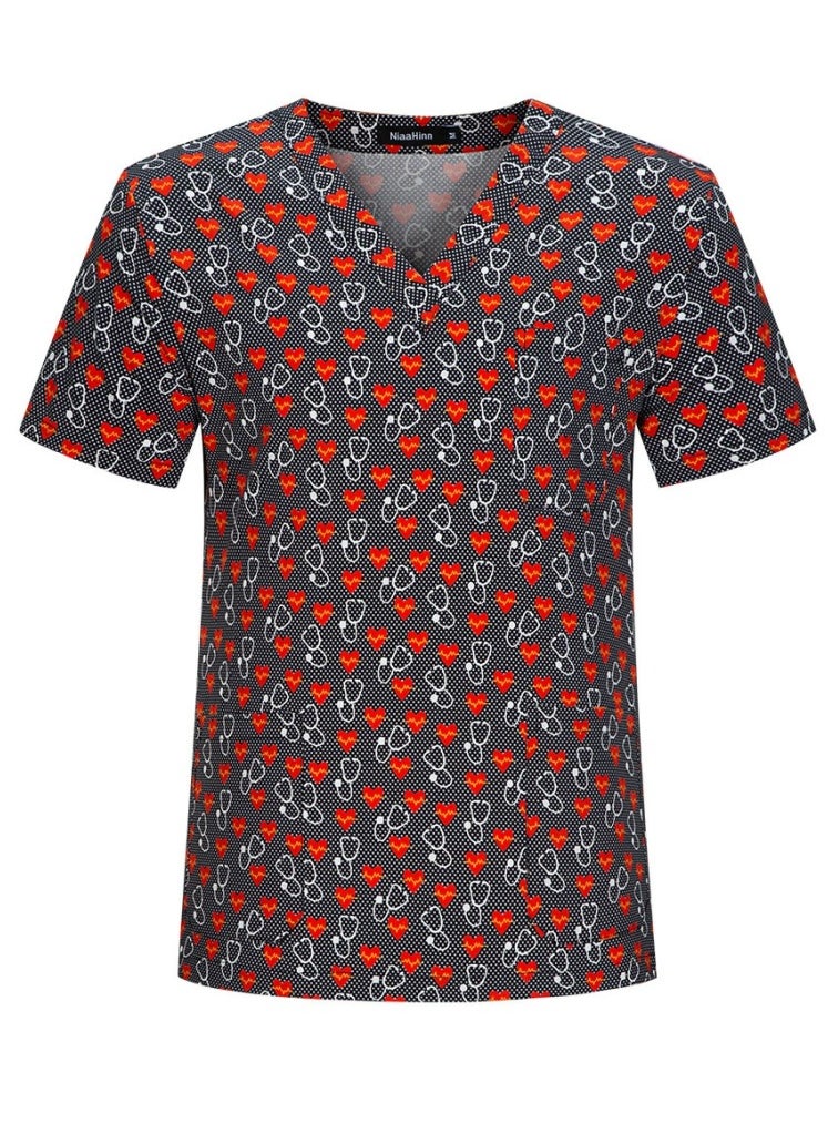 Cartoon Printed V-Neck Medical Uniform Scrubs Top Comfty Soft Workwear