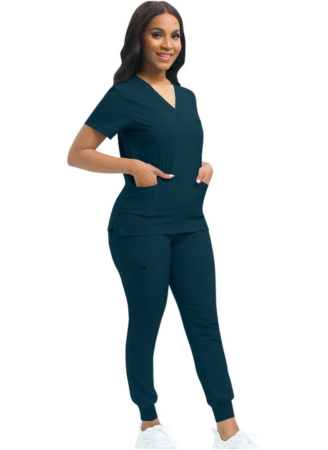 Medical Uniform Scrubs 2 Piece Set V-Neck Top and Elastic Waist Jogger Pants Suit Azure Blue