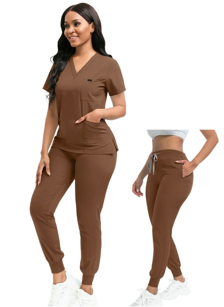 Medical Uniform Scrubs 2 Piece Set V-Neck Top and Elastic Waist Jogger Pants Suit Brown