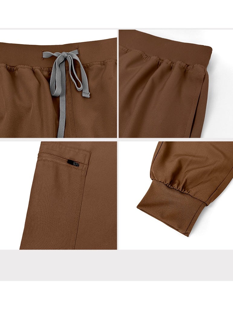 Medical Uniform Scrubs 2 Piece Set V-Neck Top and Elastic Waist Jogger Pants Suit Brown