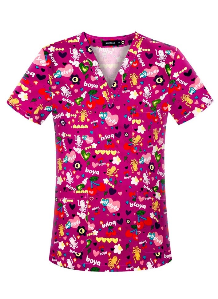 Cartoon Printed V-Neck Medical Uniform Scrubs Top Comfty Soft Workwear