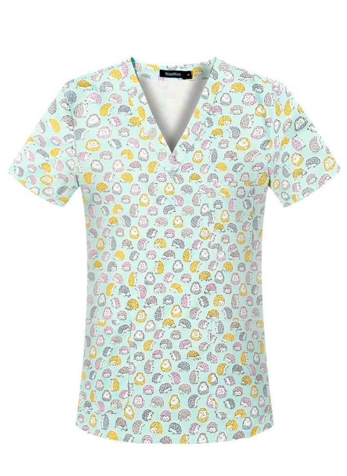 Cartoon Printed V-Neck Medical Uniform Scrubs Top Comfty Soft Workwear