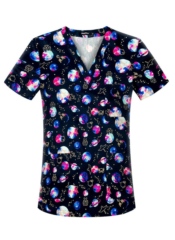 Cartoon Printed V-Neck Medical Uniform Scrubs Top Comfty Soft Workwear