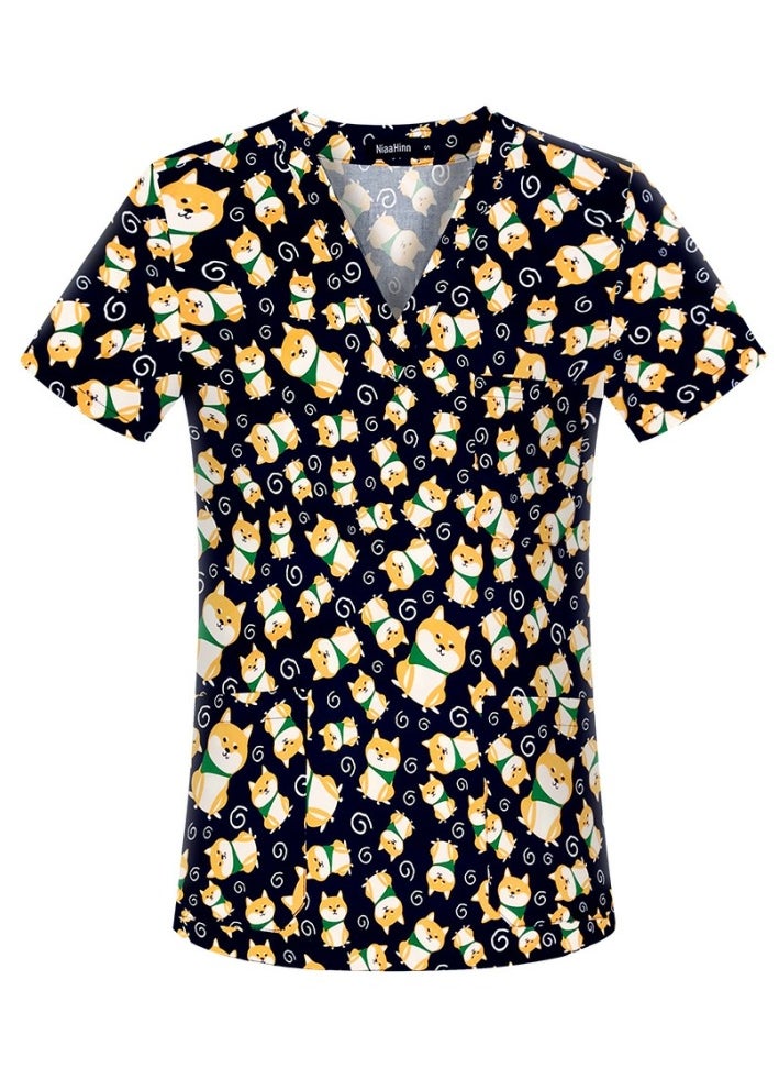 Cartoon Printed V-Neck Medical Uniform Scrubs Top Comfty Soft Workwear