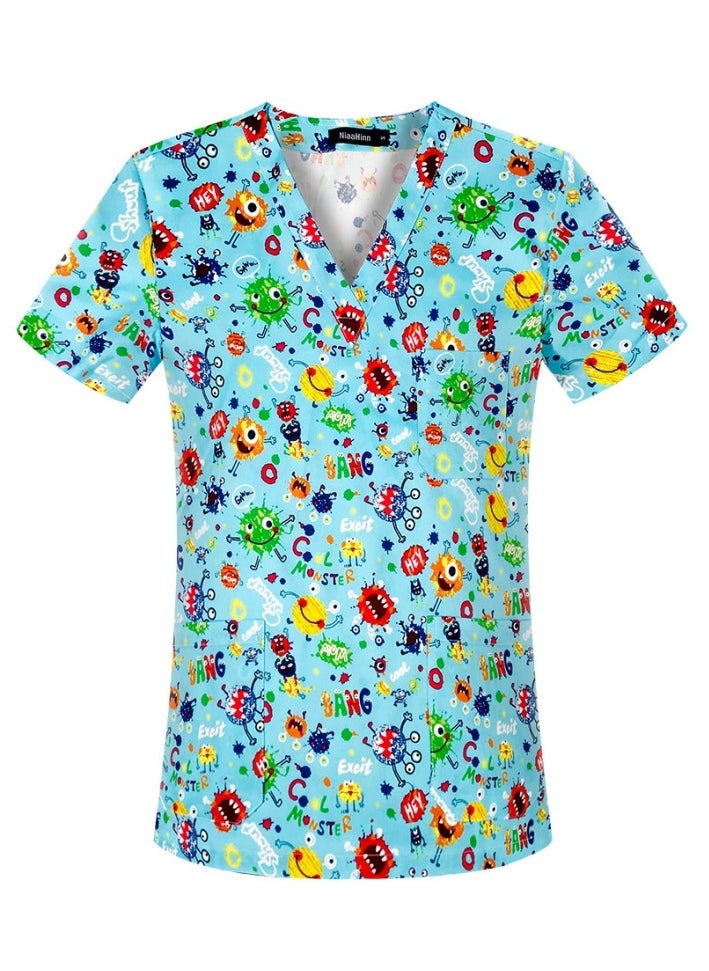 Cartoon Printed V-Neck Medical Uniform Scrubs Top Comfty Soft Workwear