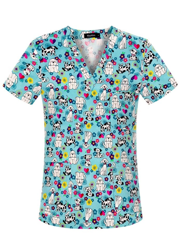 Cartoon Printed V-Neck Medical Uniform Scrubs Top Comfty Soft Workwear