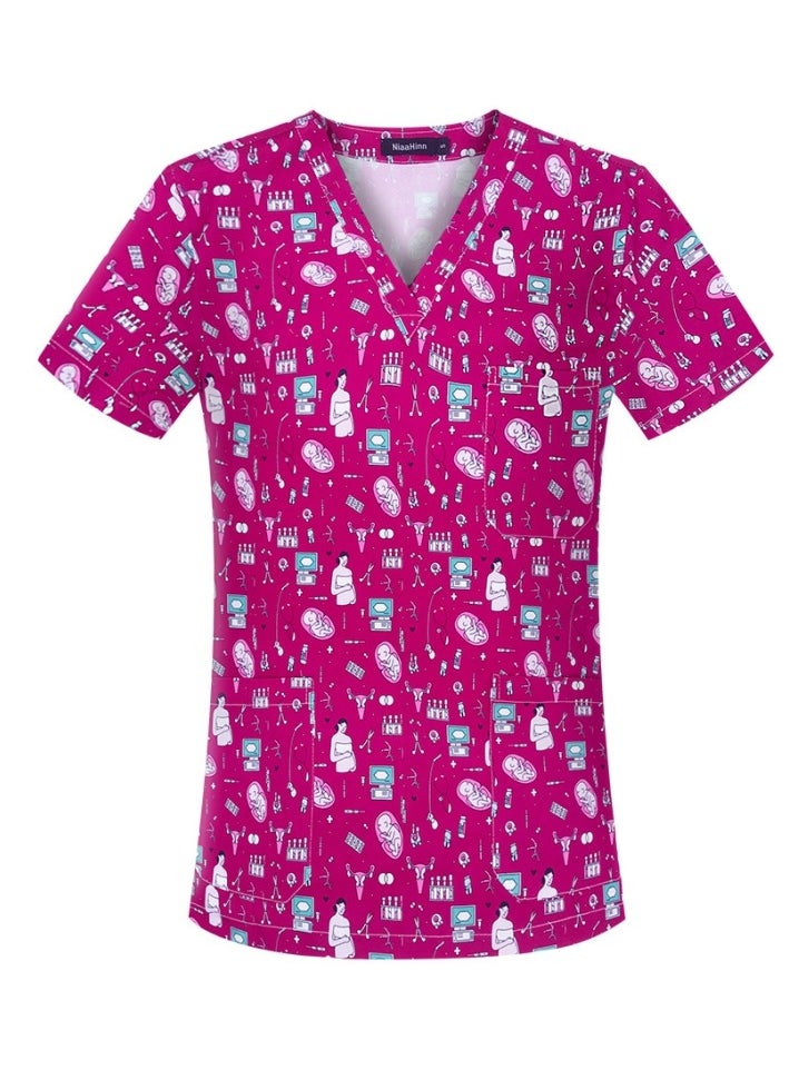 Cartoon Printed V-Neck Medical Uniform Scrubs Top Comfty Soft Workwear