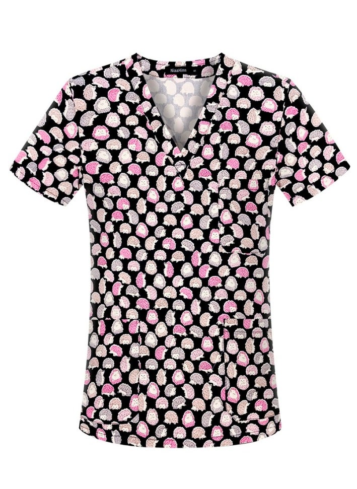 Cartoon Printed V-Neck Medical Uniform Scrubs Top Comfty Soft Workwear