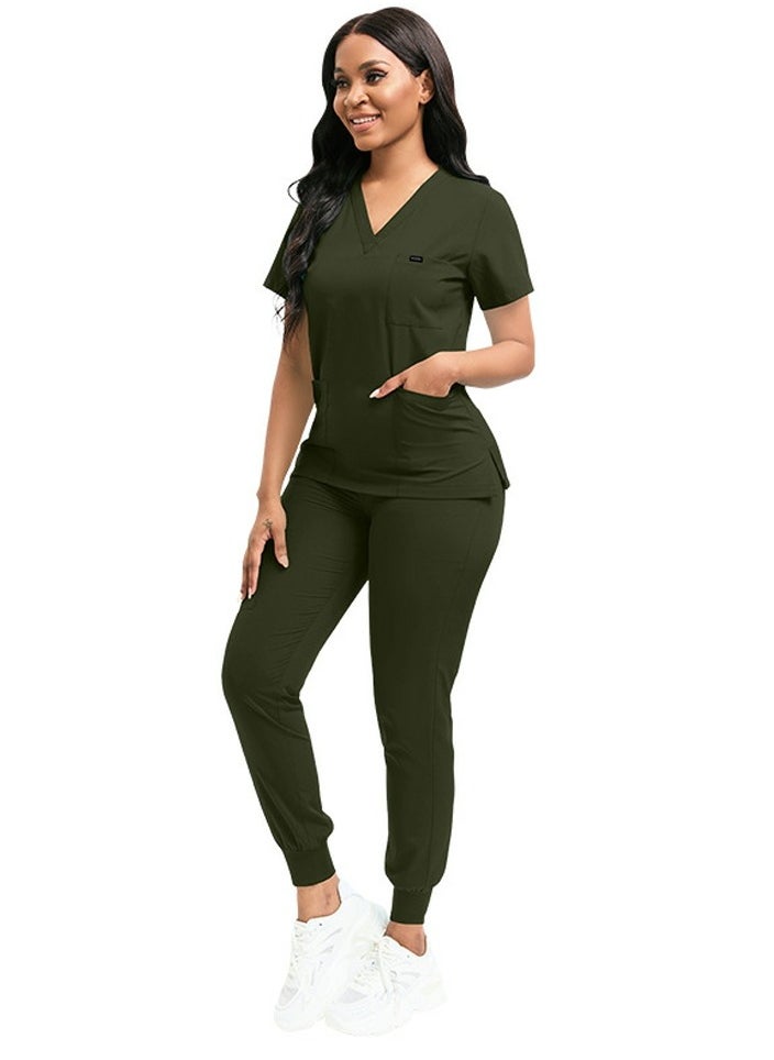 Medical Uniform Scrubs 2 Piece Set V-Neck Top and Elastic Waist Jogger Pants Suit Army Green