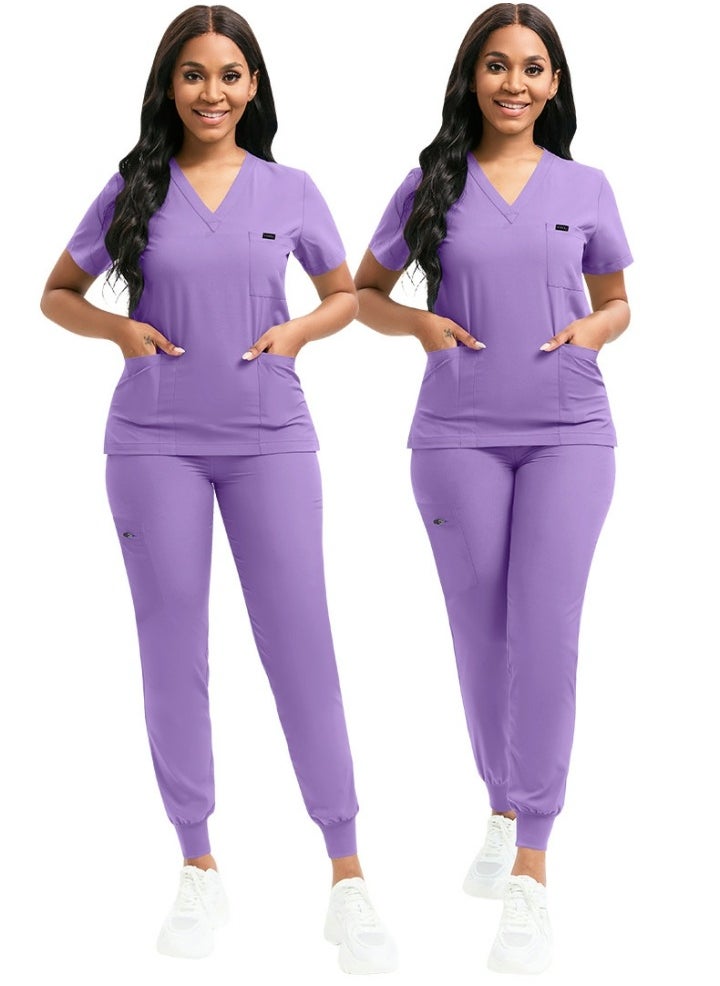 Medical Uniform Scrubs 2 Piece Set V-Neck Top and Elastic Waist Jogger Pants Suit Purple