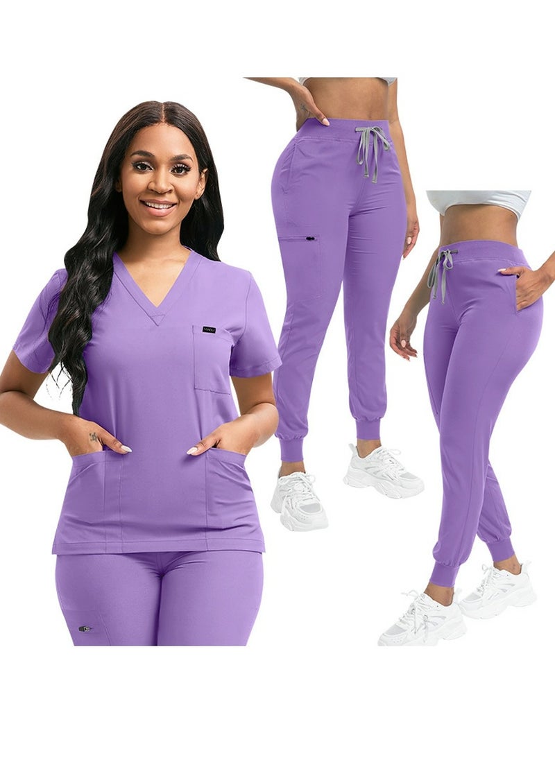 Medical Uniform Scrubs 2 Piece Set V-Neck Top and Elastic Waist Jogger Pants Suit Purple