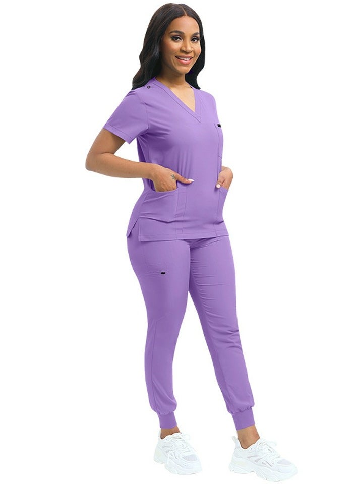Medical Uniform Scrubs 2 Piece Set V-Neck Top and Elastic Waist Jogger Pants Suit Purple