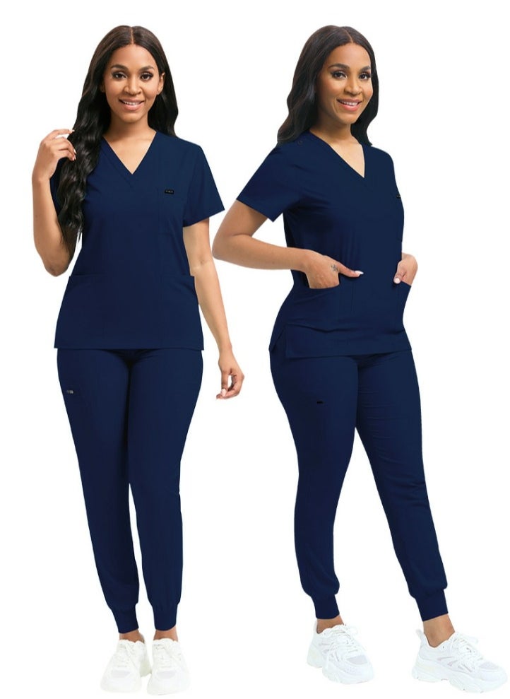 Medical Uniform Scrubs 2 Piece Set V-Neck Top and Elastic Waist Jogger Pants Suit Navy Blue