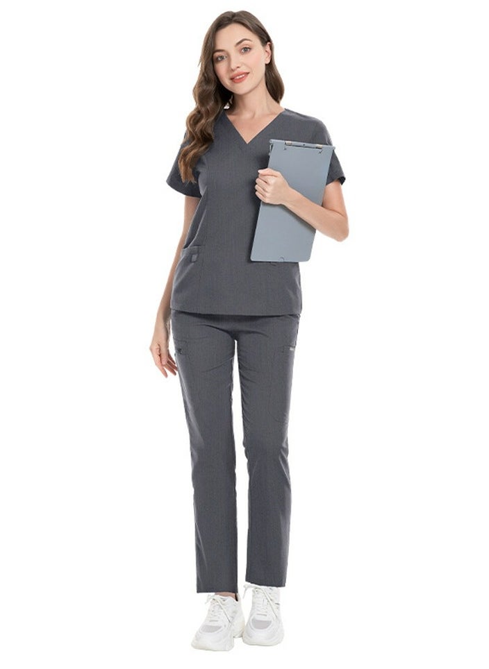 Unisex Fashion Medical Uniform Scrubs 2 Piece Set V-Neck Top and Pants Suit Grey