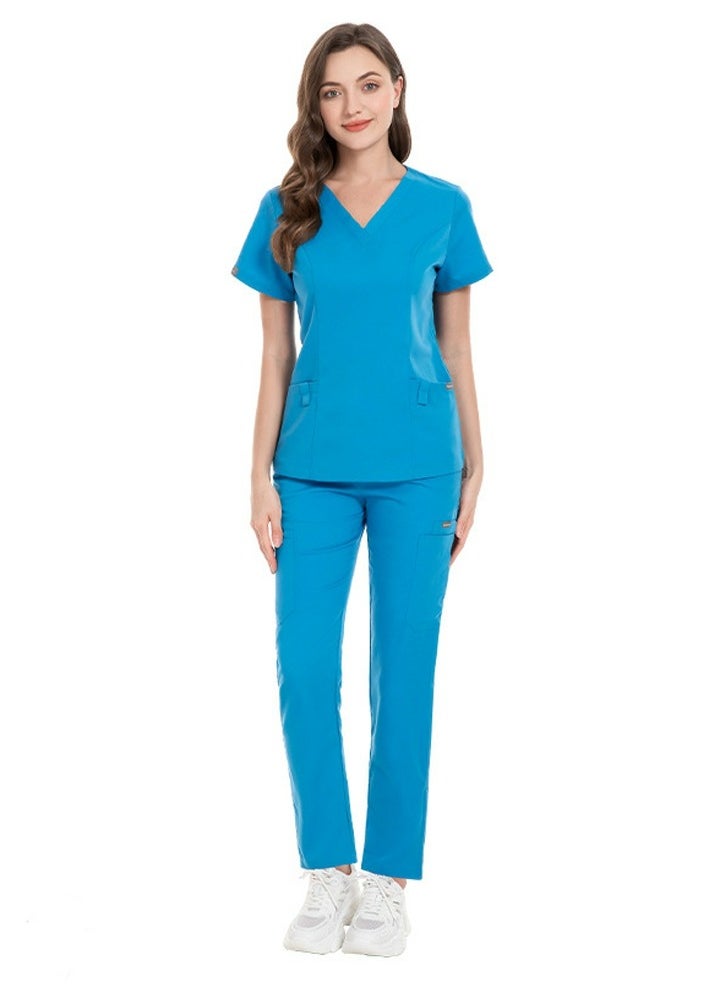 Unisex Fashion Medical Uniform Scrubs 2 Piece Set V-Neck Top and Pants Suit Blue